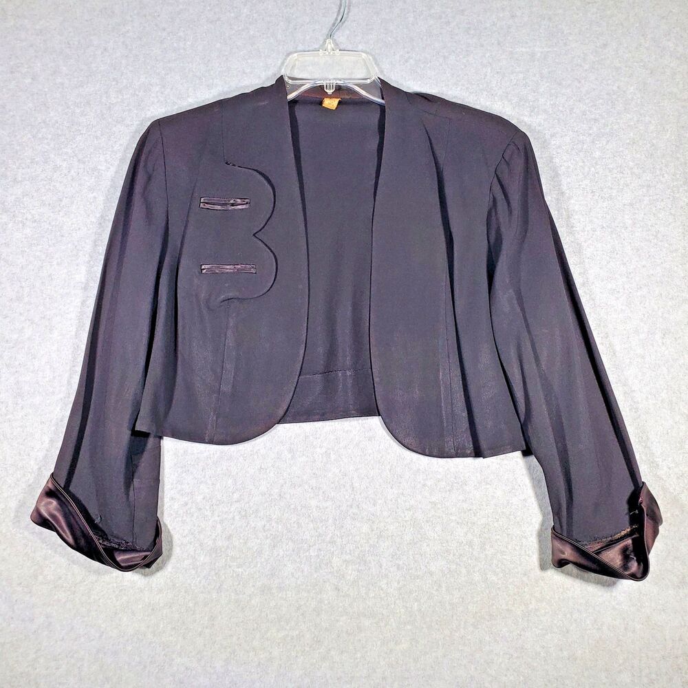 Vintage 50s Black Cropped Bolero Jacket Satin Cuffs Open Front Womens Size 20